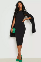 Vestido Midi Elegante de mangas tipo Capa y Corte Ajustado