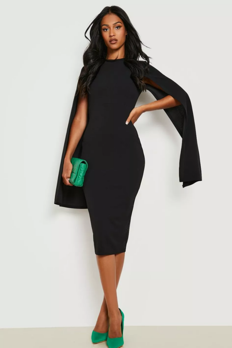 Vestido Midi Elegante de mangas tipo Capa y Corte Ajustado