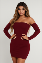 Vestido Corto Hombros Descubiertos Manga Larga Ajustado Mujer