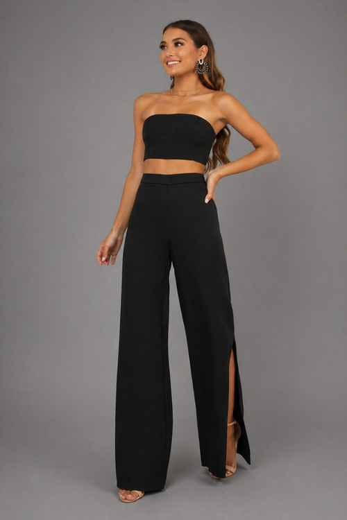 Conjunto Strapless Pantalón Palazzo con Abertura Lateral