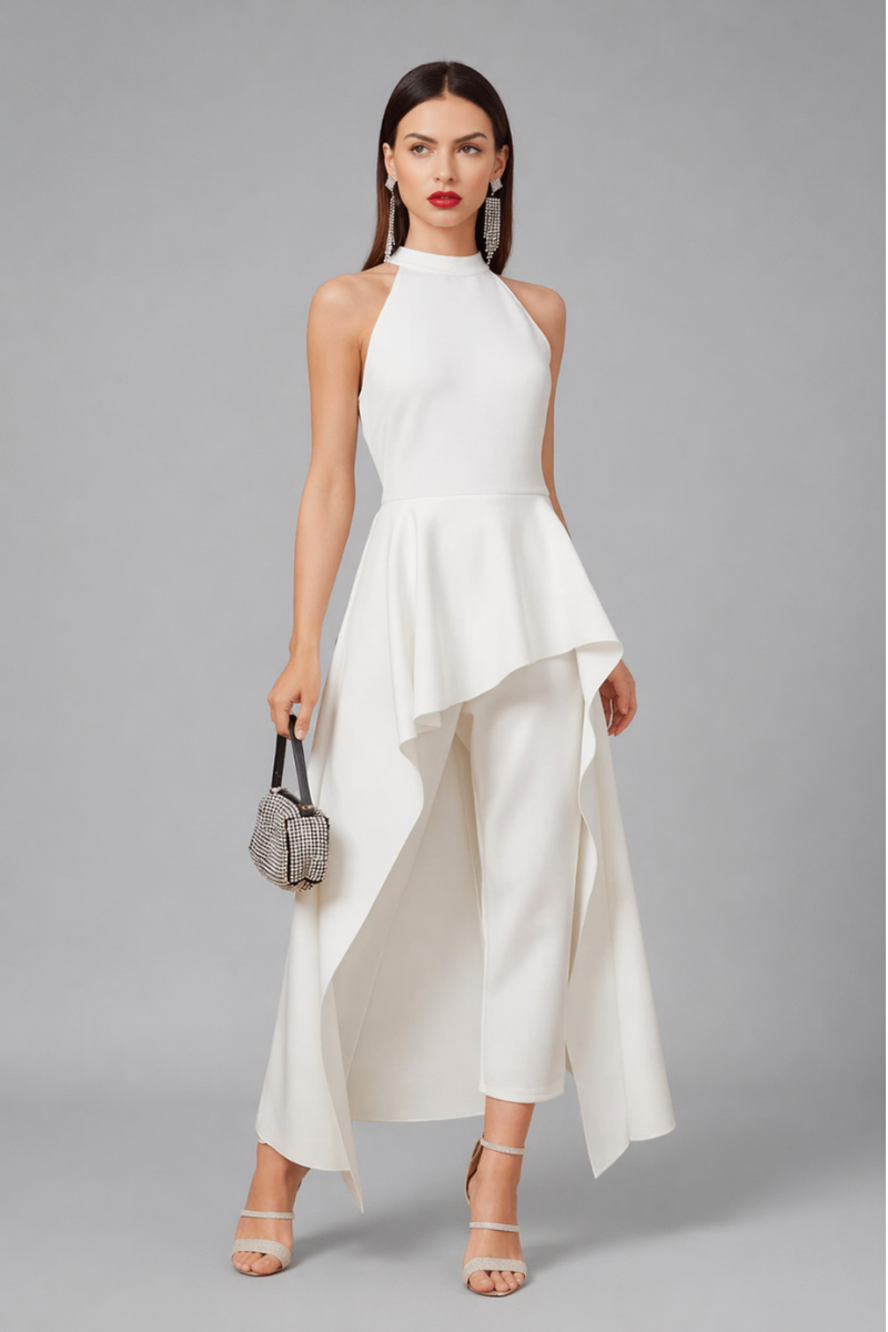 Conjunto Elegante Mujer Pantalón y Blusa Larga Asimétrica en Scuba Crepe