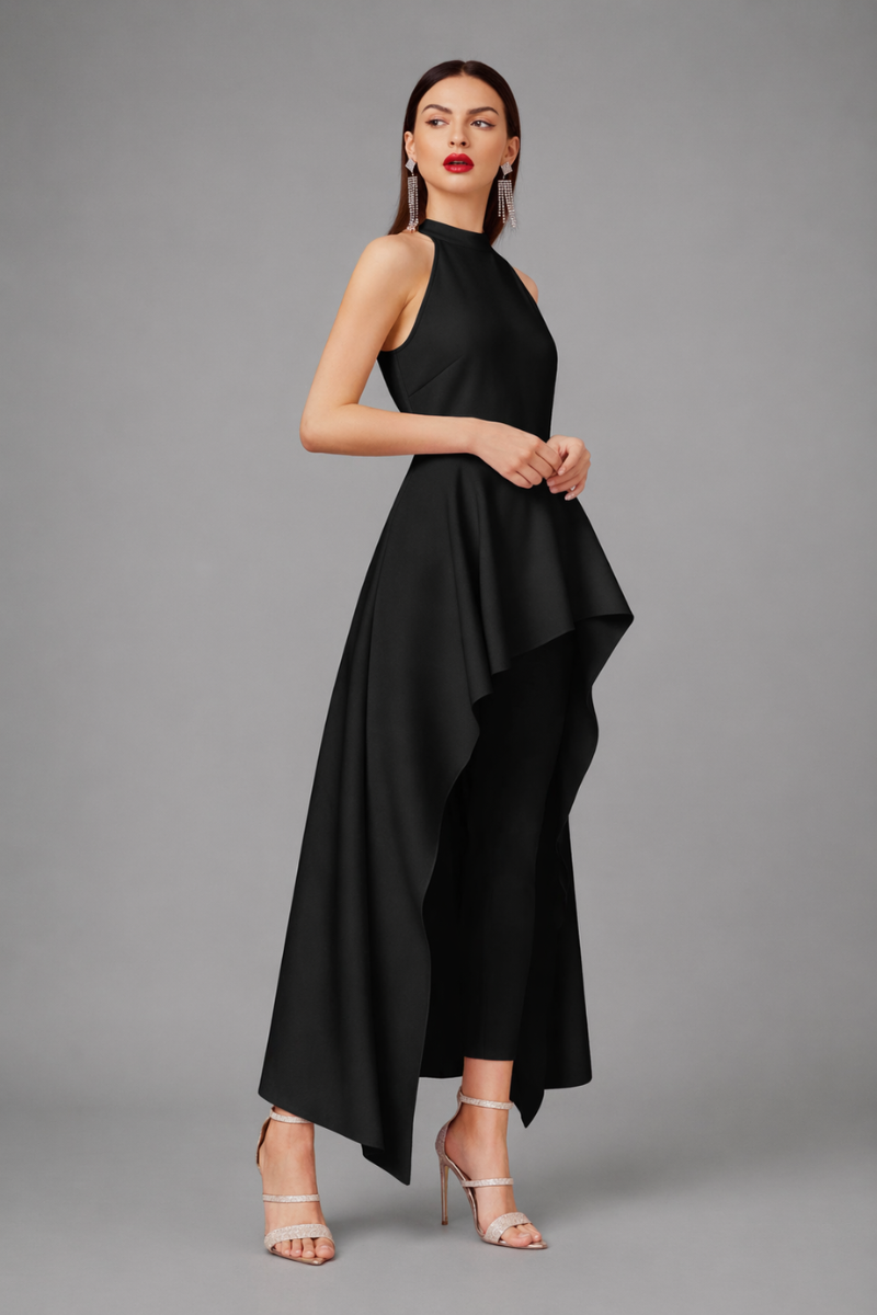 Conjunto Elegante Mujer Pantalón y Blusa Larga Asimétrica en Scuba Crepe