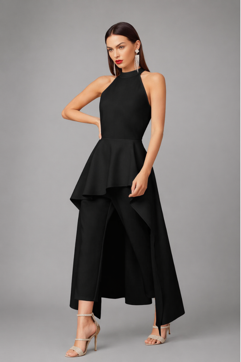 Conjunto Elegante Mujer Pantalón y Blusa Larga Asimétrica en Scuba Crepe