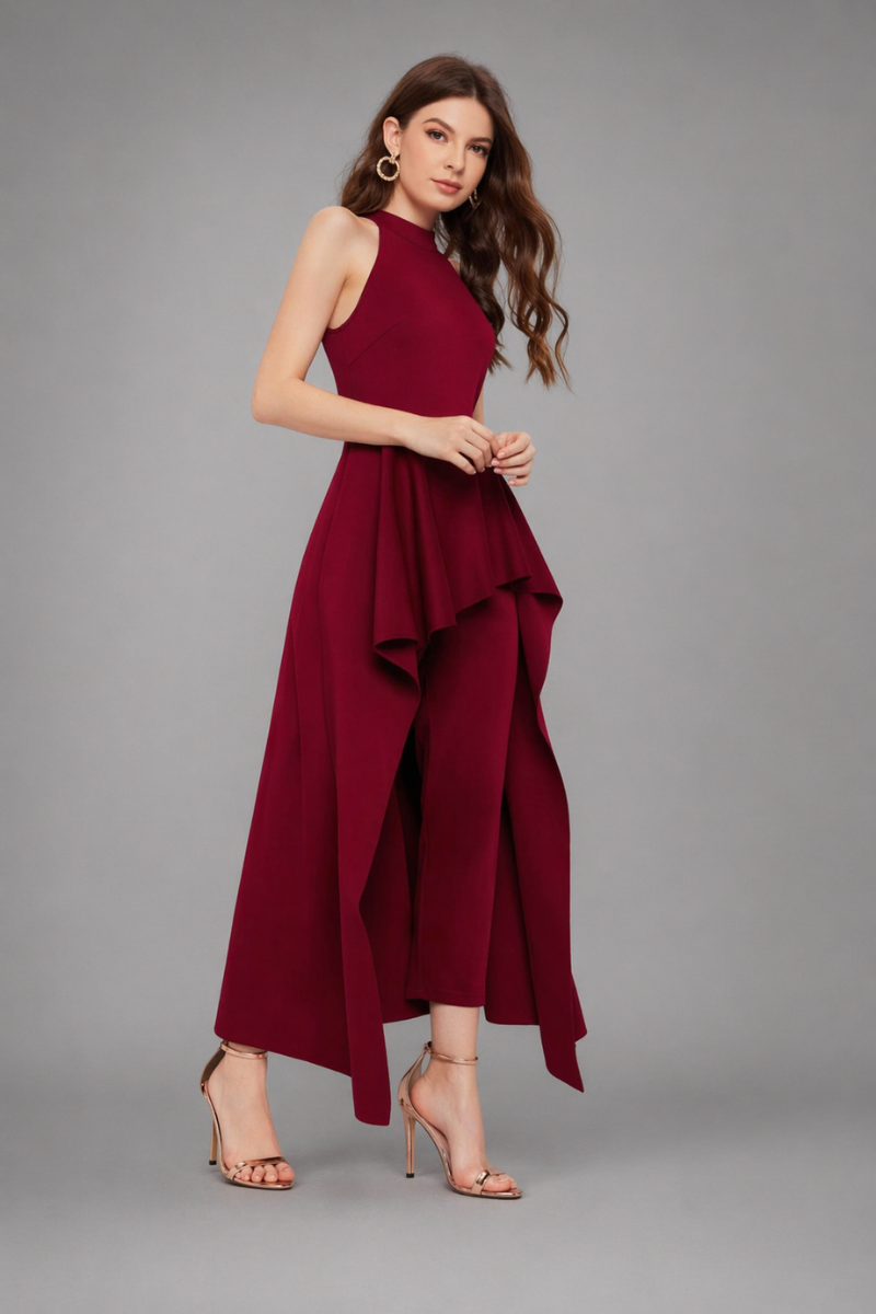 Conjunto Elegante Mujer Pantalón y Blusa Larga Asimétrica en Scuba Crepe