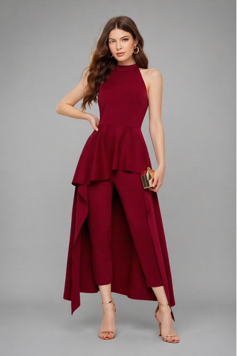 Conjunto Elegante Mujer Pantalón y Blusa Larga Asimétrica en Scuba Crepe
