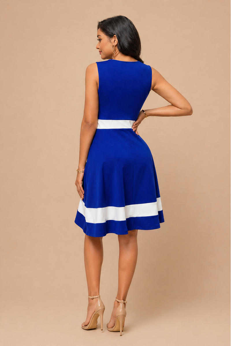 Vestido Midi Elegante Línea A Bicolor con Cintura Definida