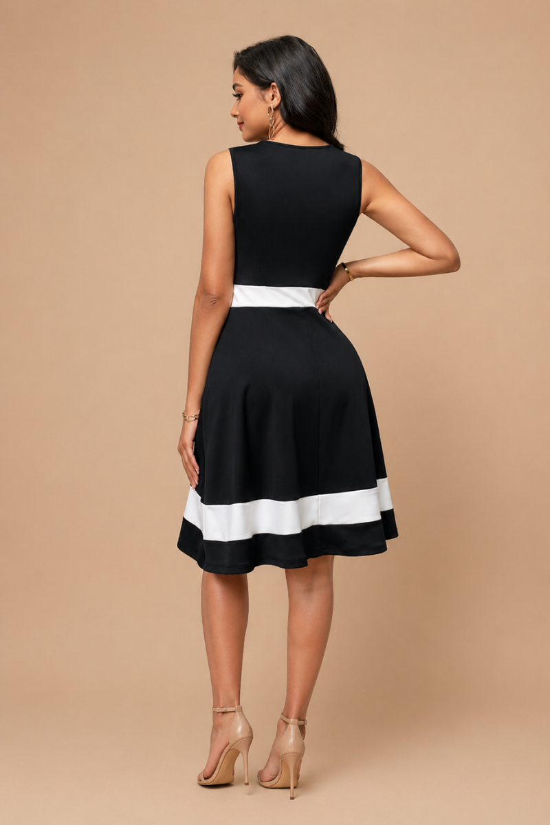 Vestido Midi Elegante Línea A Bicolor con Cintura Definida