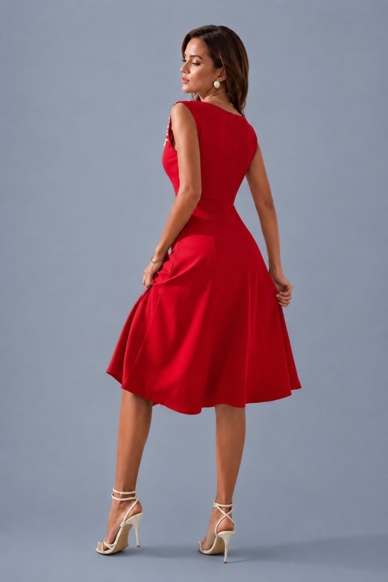Vestido Midi Elegante Mujer con Perlas Fiesta Cóctel