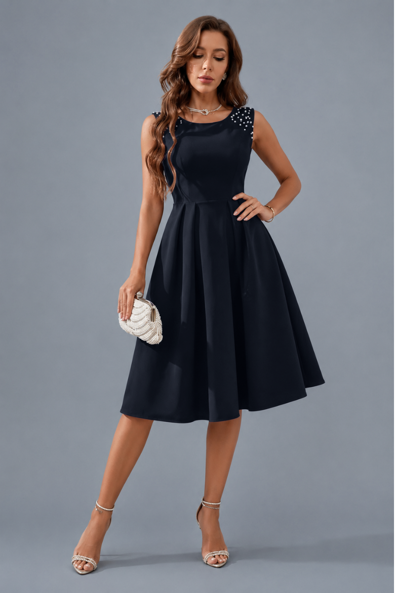 Vestido Midi Elegante Mujer con Perlas Fiesta Cóctel