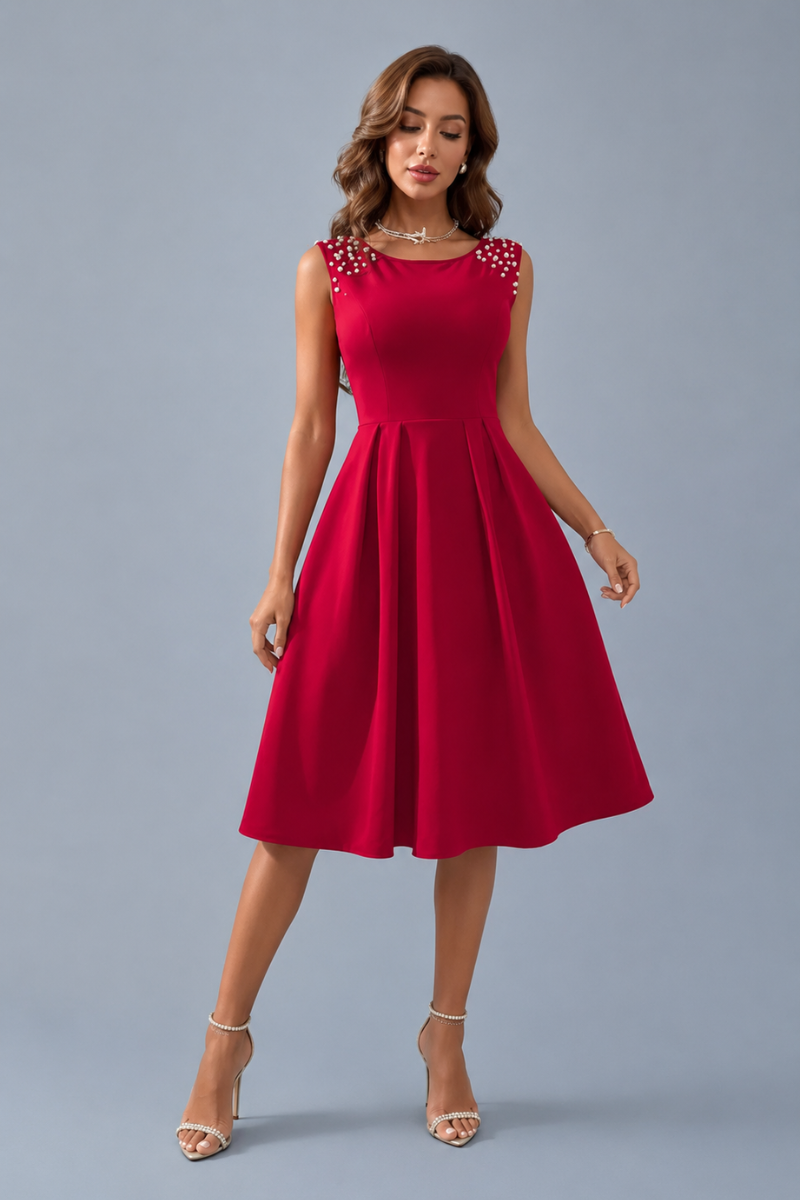 Vestido Midi Elegante Mujer con Perlas Fiesta Cóctel