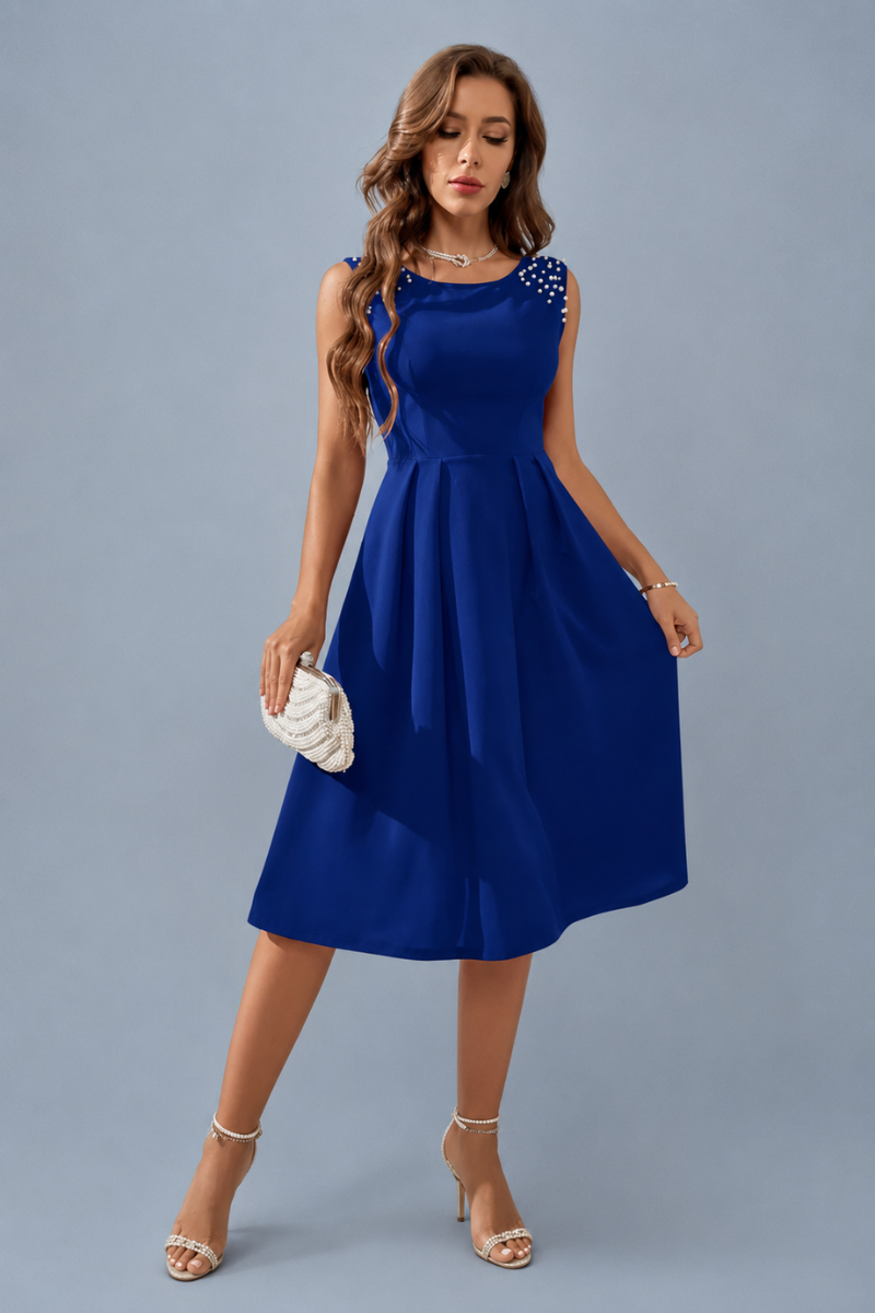 Vestido Midi Elegante Mujer con Perlas Fiesta Cóctel