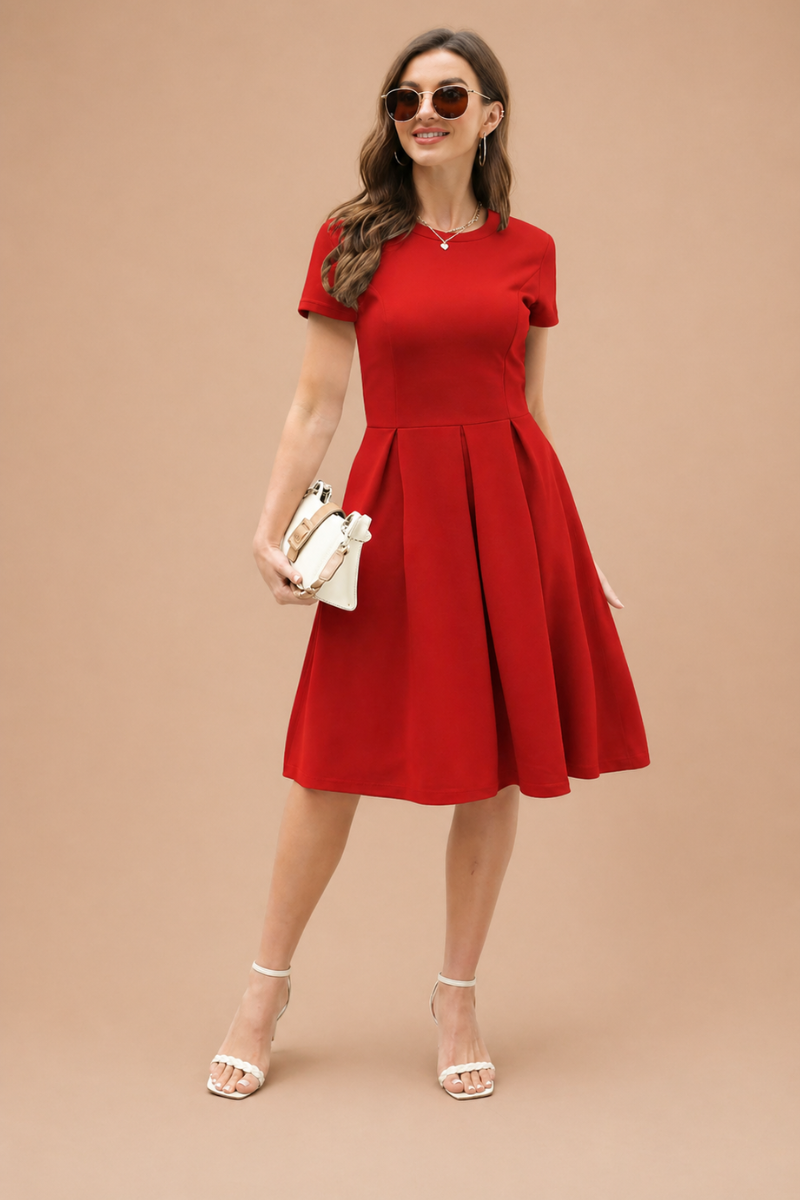 Vestido Midi Femenino con Manga Corta y Falda con Pliegues