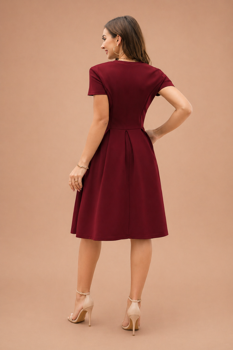 Vestido Midi Femenino con Manga Corta y Falda con Pliegues