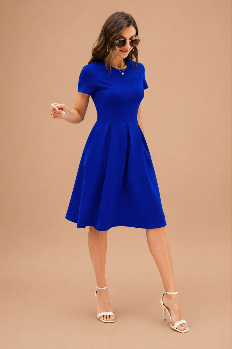 Vestido Midi Femenino con Manga Corta y Falda con Pliegues