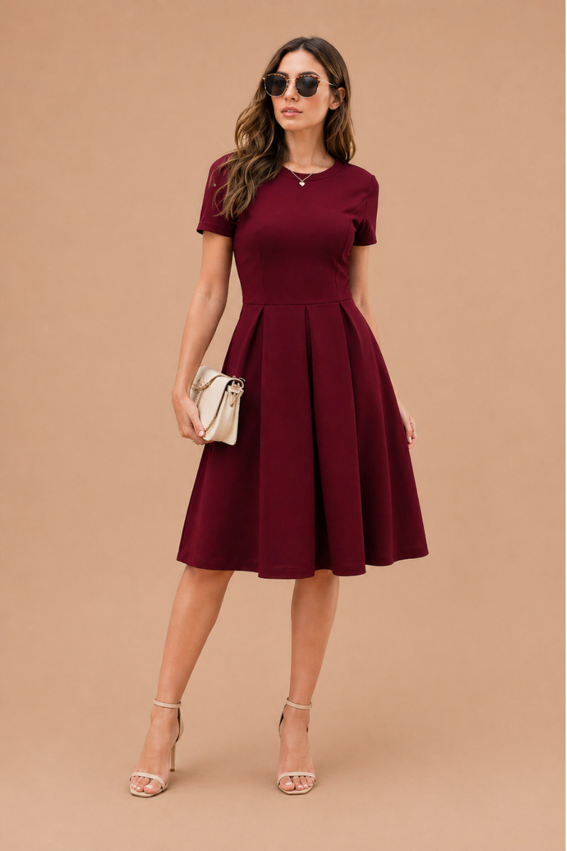 Vestido Midi Femenino con Manga Corta y Falda con Pliegues