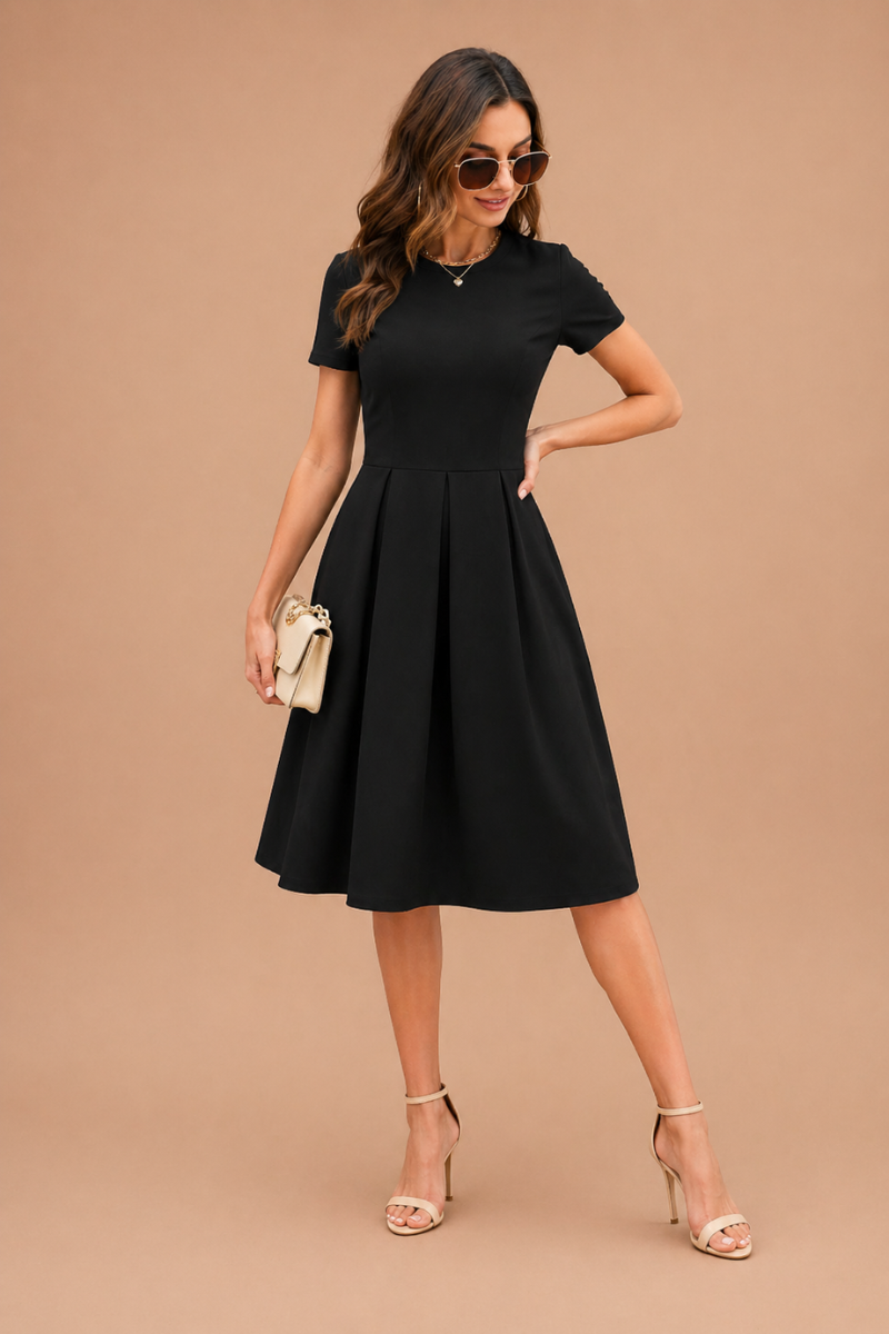 Vestido Midi Femenino con Manga Corta y Falda con Pliegues