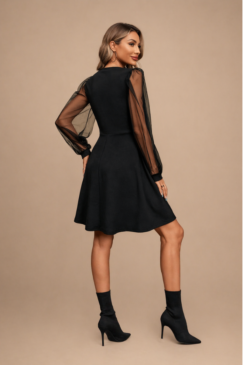 Vestido Corto Negro Elegante Manga Tul Falda Semi Rotondo de  Mujer