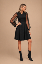 Vestido Corto Negro Elegante Manga Tul Falda Semi Rotondo de  Mujer