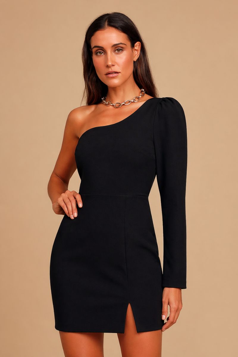 Vestido Corto Mujer Asimétrico Un Hombro con Manga Larga
