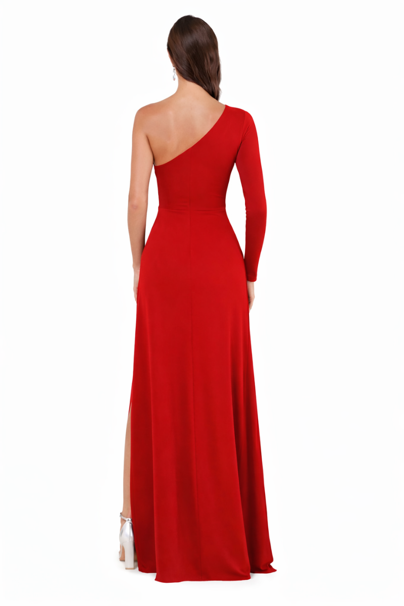 Vestido Largo Elegante Un Hombro Con Abertura Lateral Manga Larga