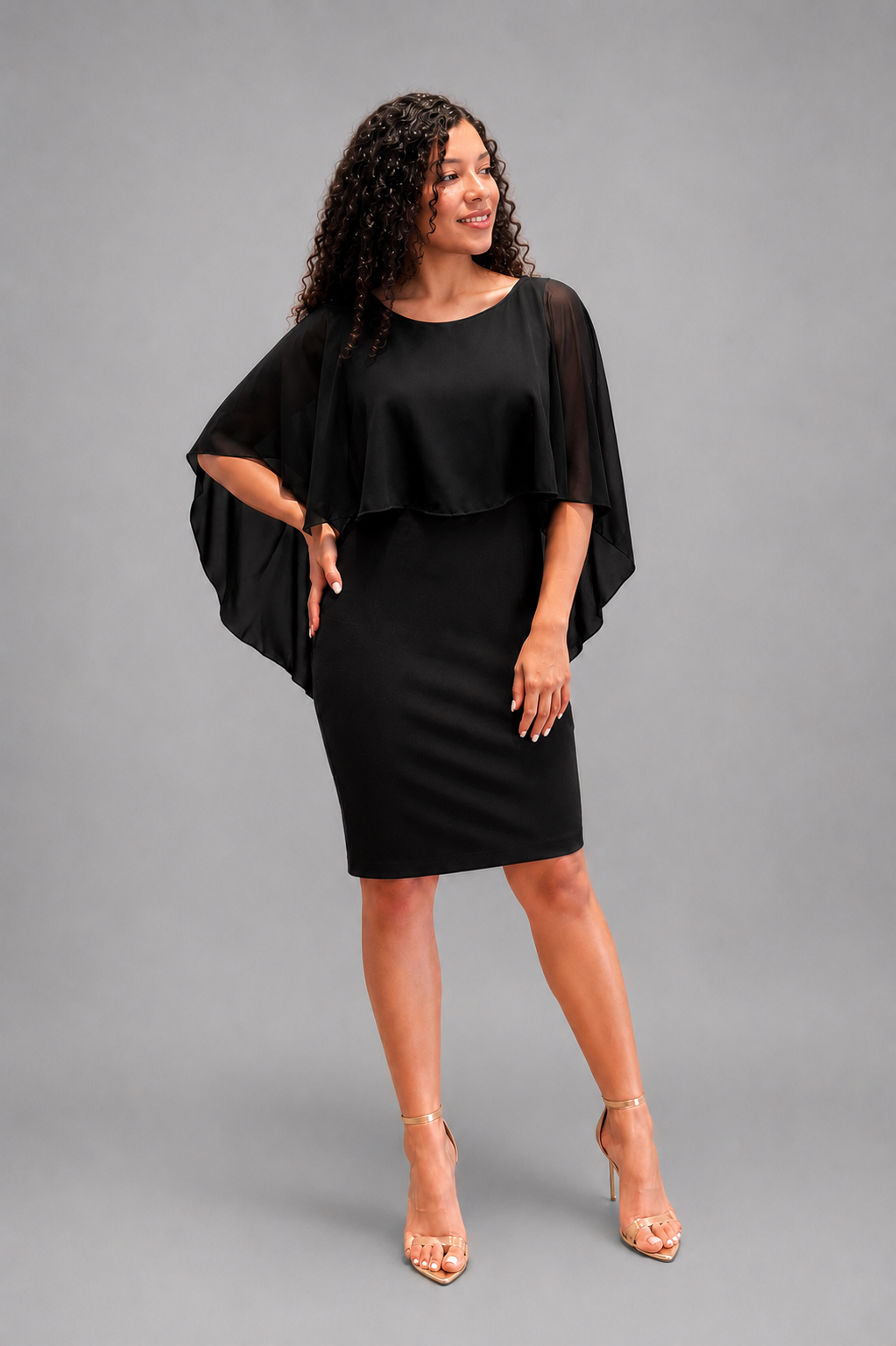 Vestido Midi Elegante con Capa en Chifón para Mujer