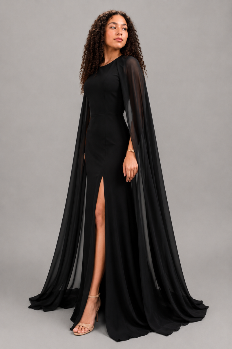 Vestido Largo elegante con mangas en capa