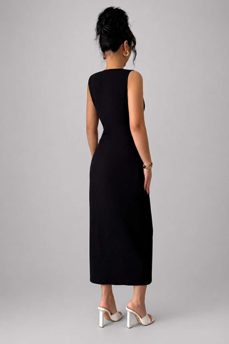 Vestido Midi-Largo Ajustado con Abertura Lateral y Detalles de Moños