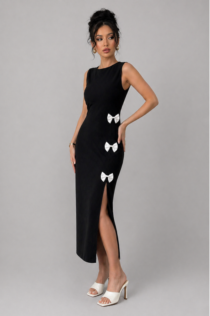Vestido Midi-Largo Ajustado con Abertura Lateral y Detalles de Moños