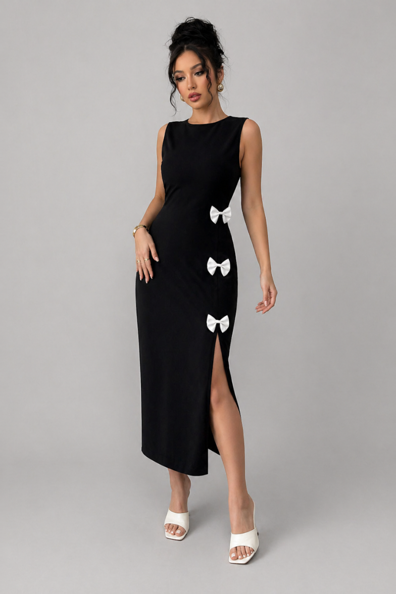 Vestido Midi-Largo Ajustado con Abertura Lateral y Detalles de Moños