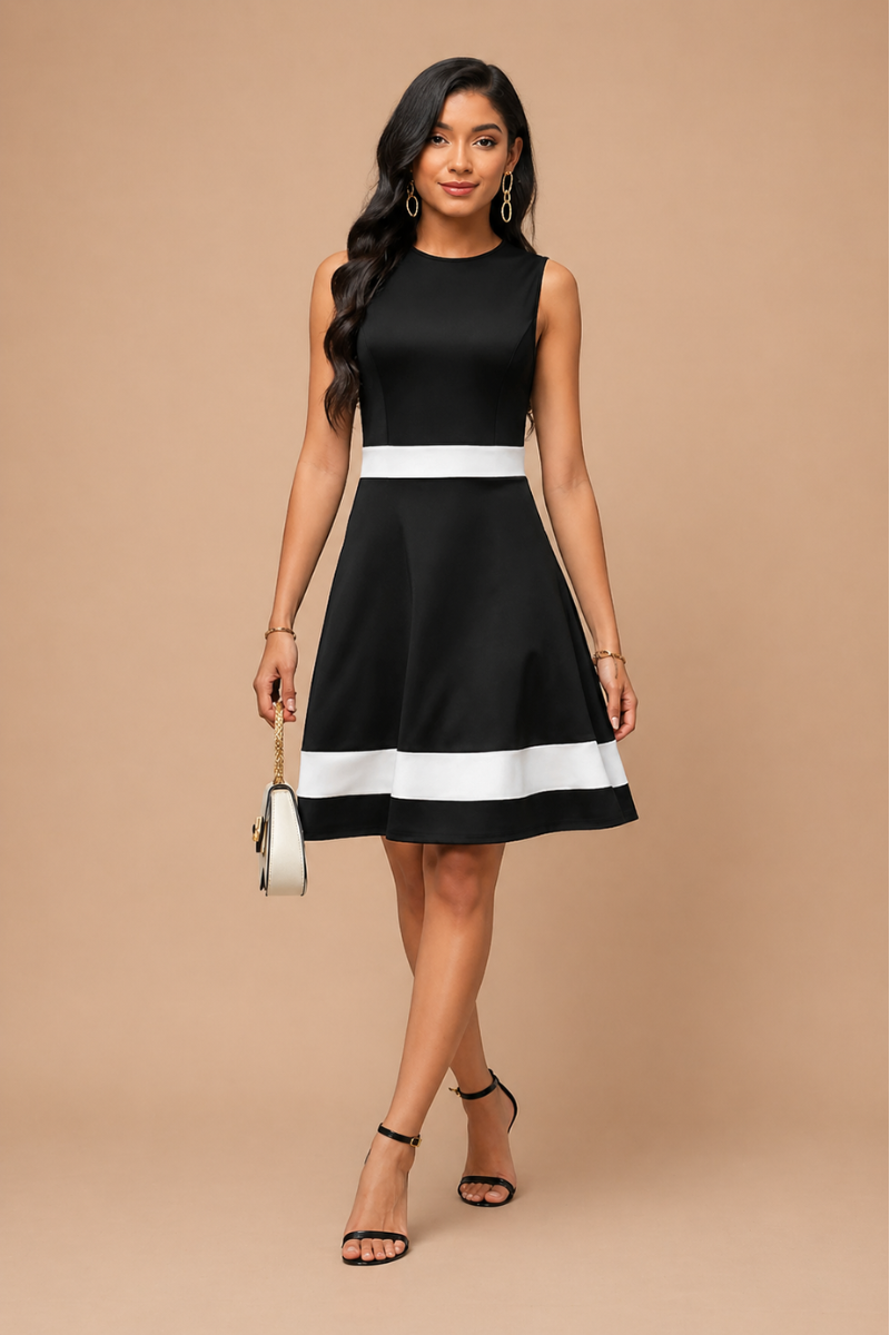Vestido Midi Elegante Línea A Bicolor con Cintura Definida