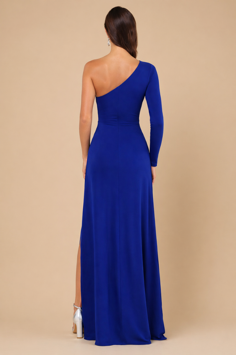 Vestido Largo Elegante Un Hombro Con Abertura Lateral Manga Larga